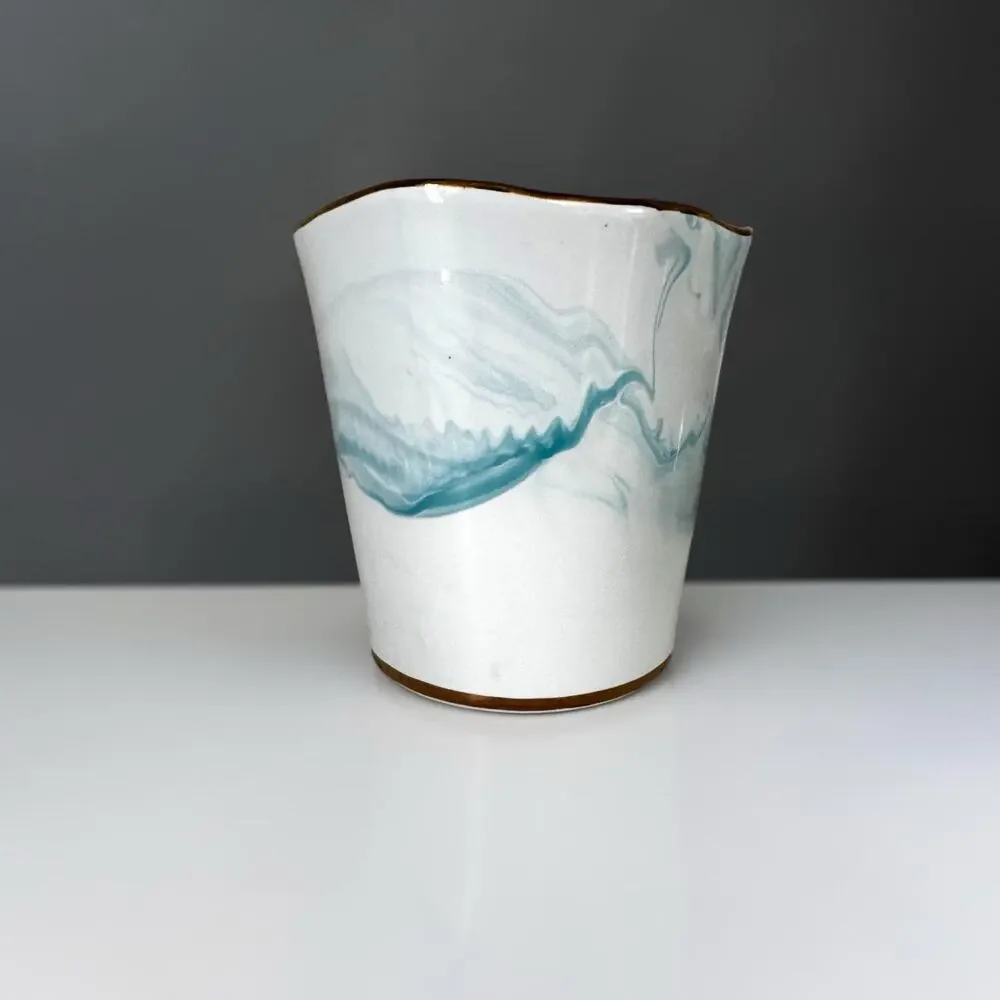 Small Blue Marble Porcelain Cachepot Planter | White & Aqua Swirl Vase Gold Trim